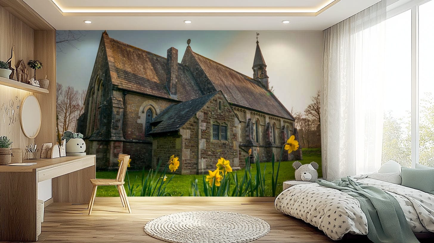 Historic landmark setting with Golden Daffodils wallpaper for walls promoting calm vibes.