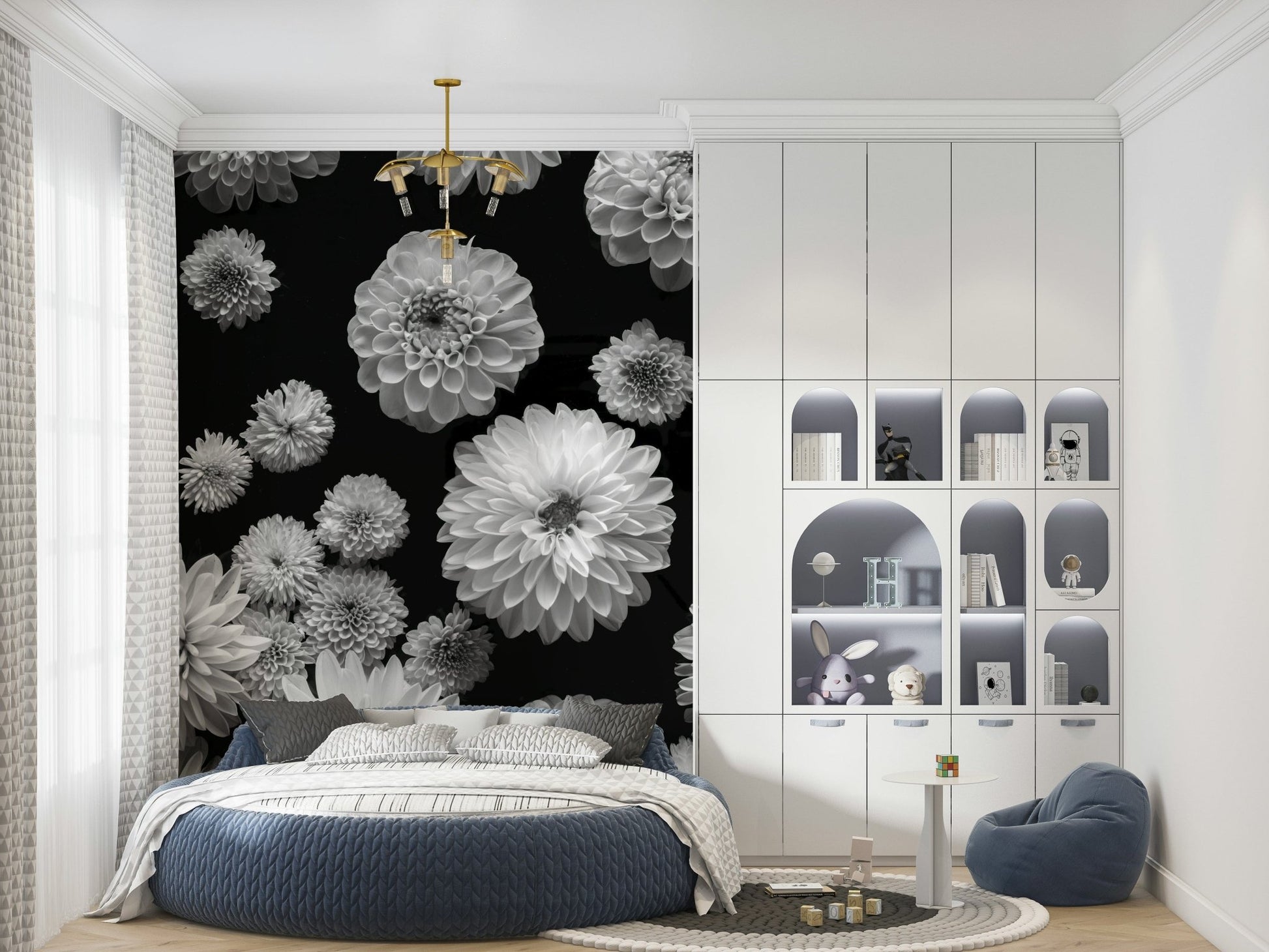Wall mural Dahlia Dreamscape artistic black white floral print.