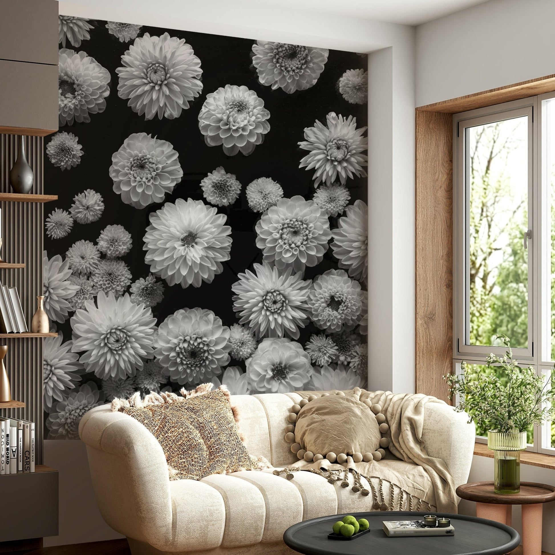 Peel and stick wallpaper Dahlia Dreamscape lush flower texture.