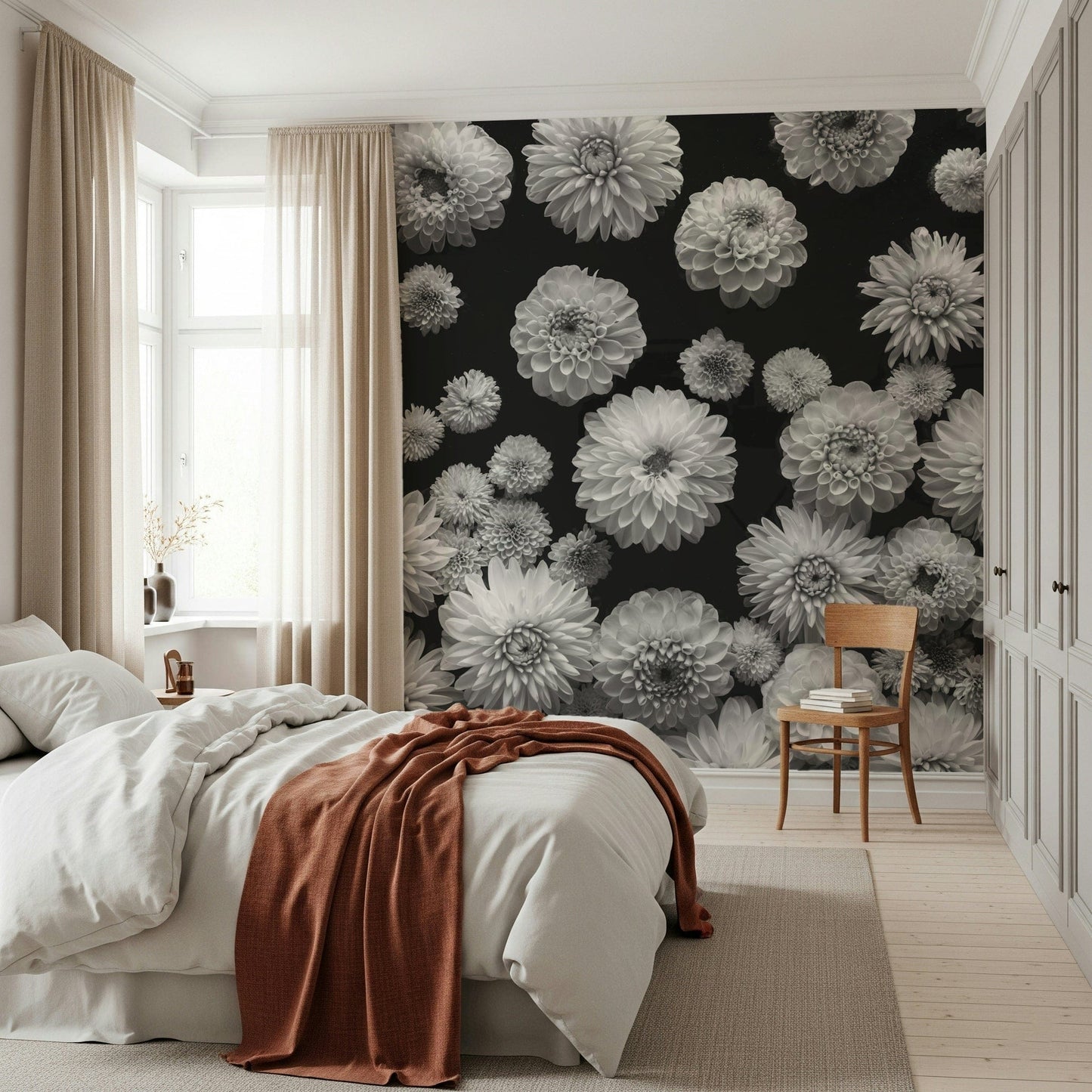 Dahlia Dreamscape flower design white petals dark background.