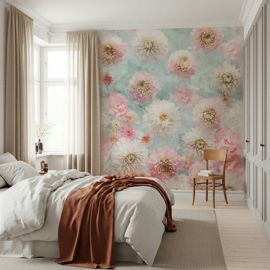 Dahlia Flowers wallpaper mural of pink and white watercolour blooms on teal behind a bed with white bedding and rust throw