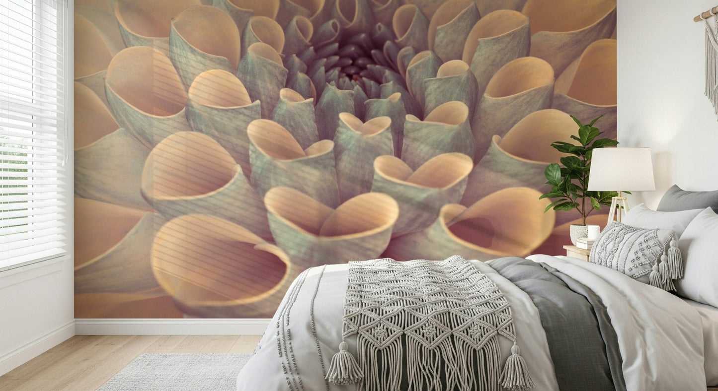 Soft botanical mural with curled dahlia petals in muted peach and sage hues.