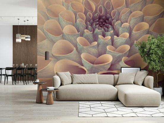 Textured botanical mural featuring the organic swirl of dahlia petals in a macro perspective.