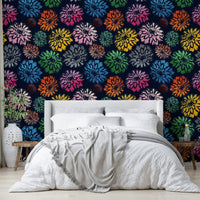 Wallpaper with a pattern of large dhalias flowers.

