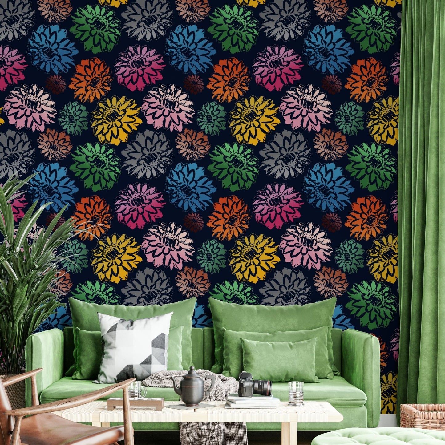 Wallpaper with a bold floral design.

