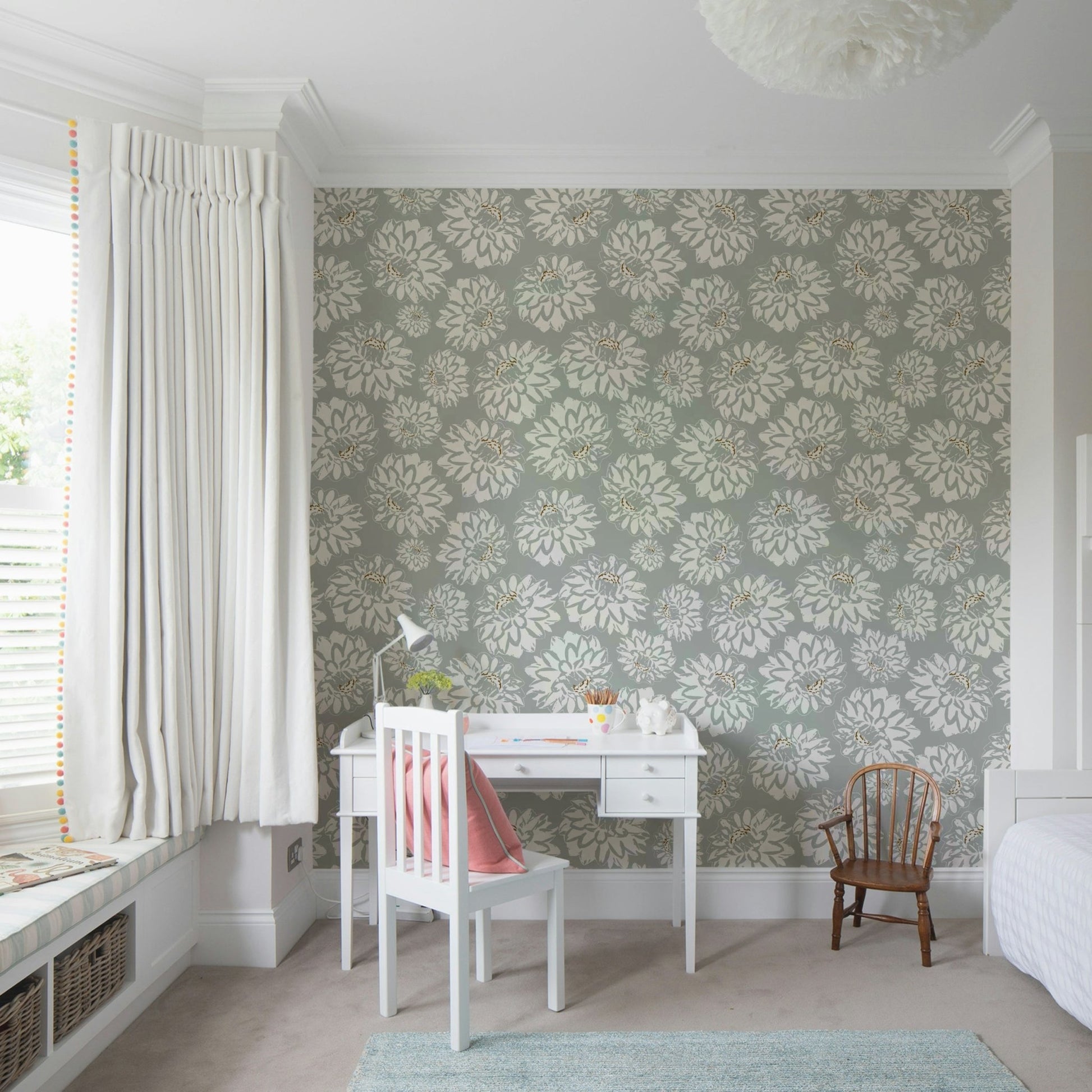 Wallpaper with a pattern of large dahlias flowers.


