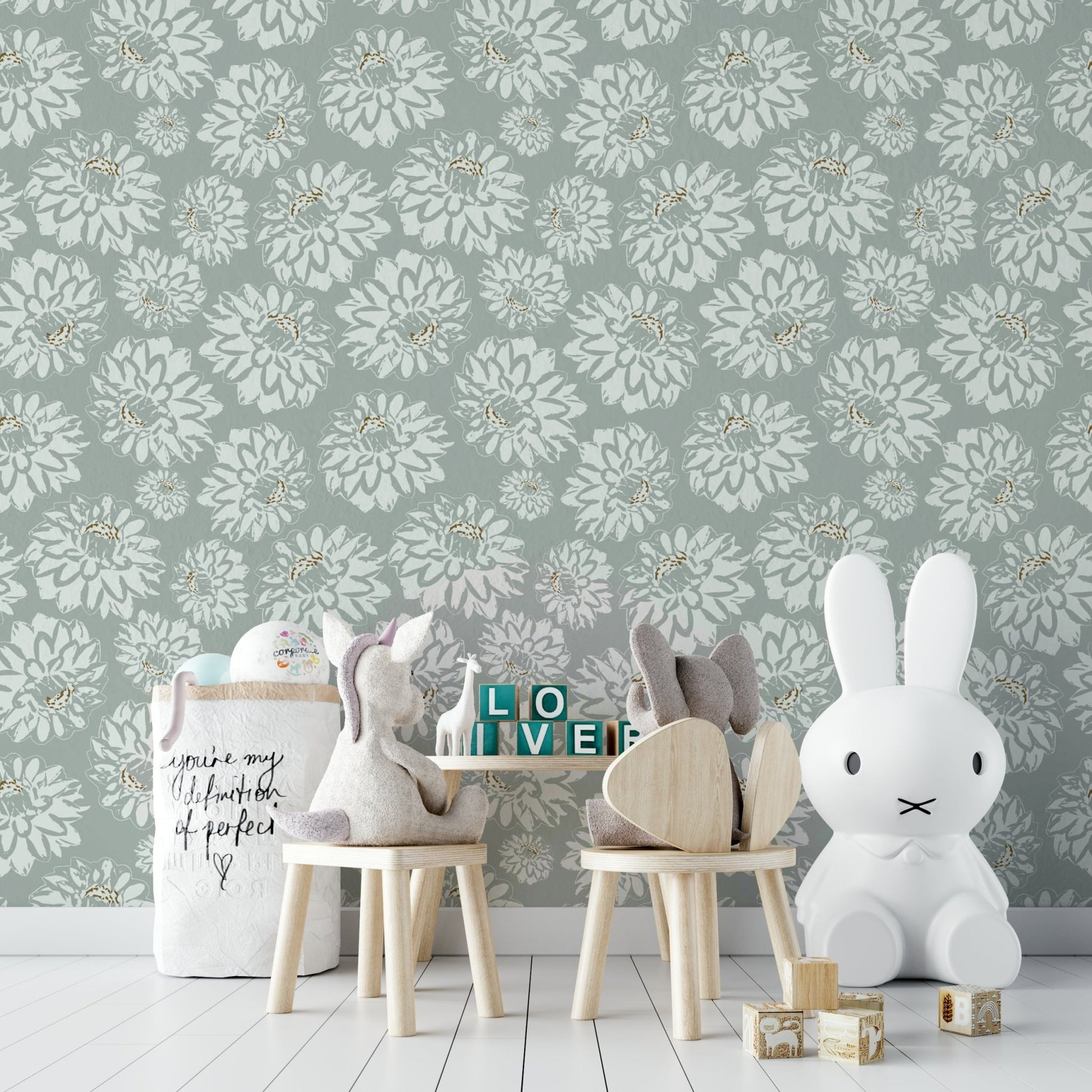 Floral wallpaper with a mix of blue and white.

