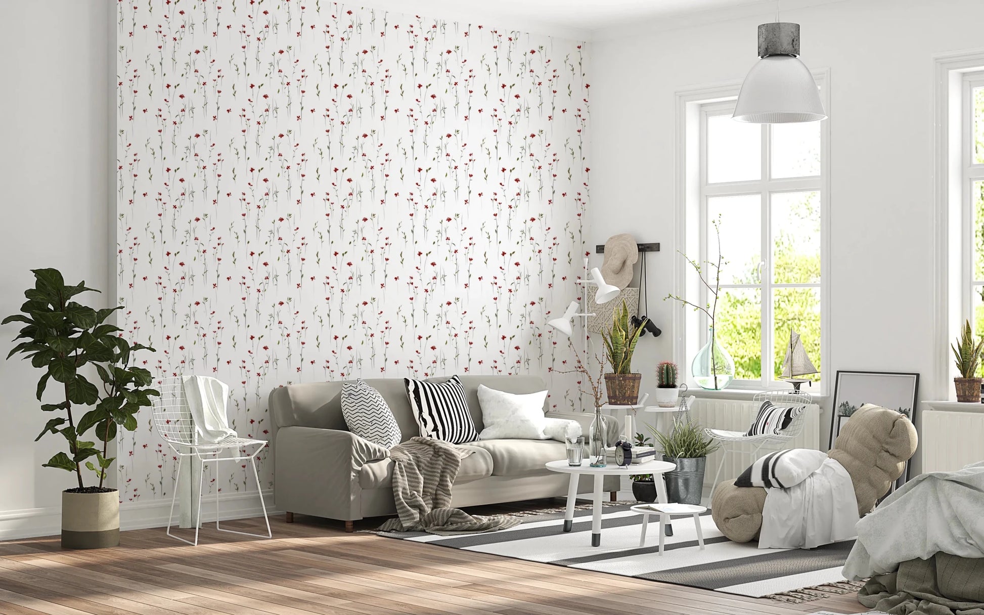Delicate Dainty Scarlet Blooms wallpaper pattern on white.