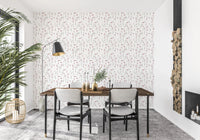 Modern Dainty Scarlet Blooms dining area wallpaper with scattered red buds.