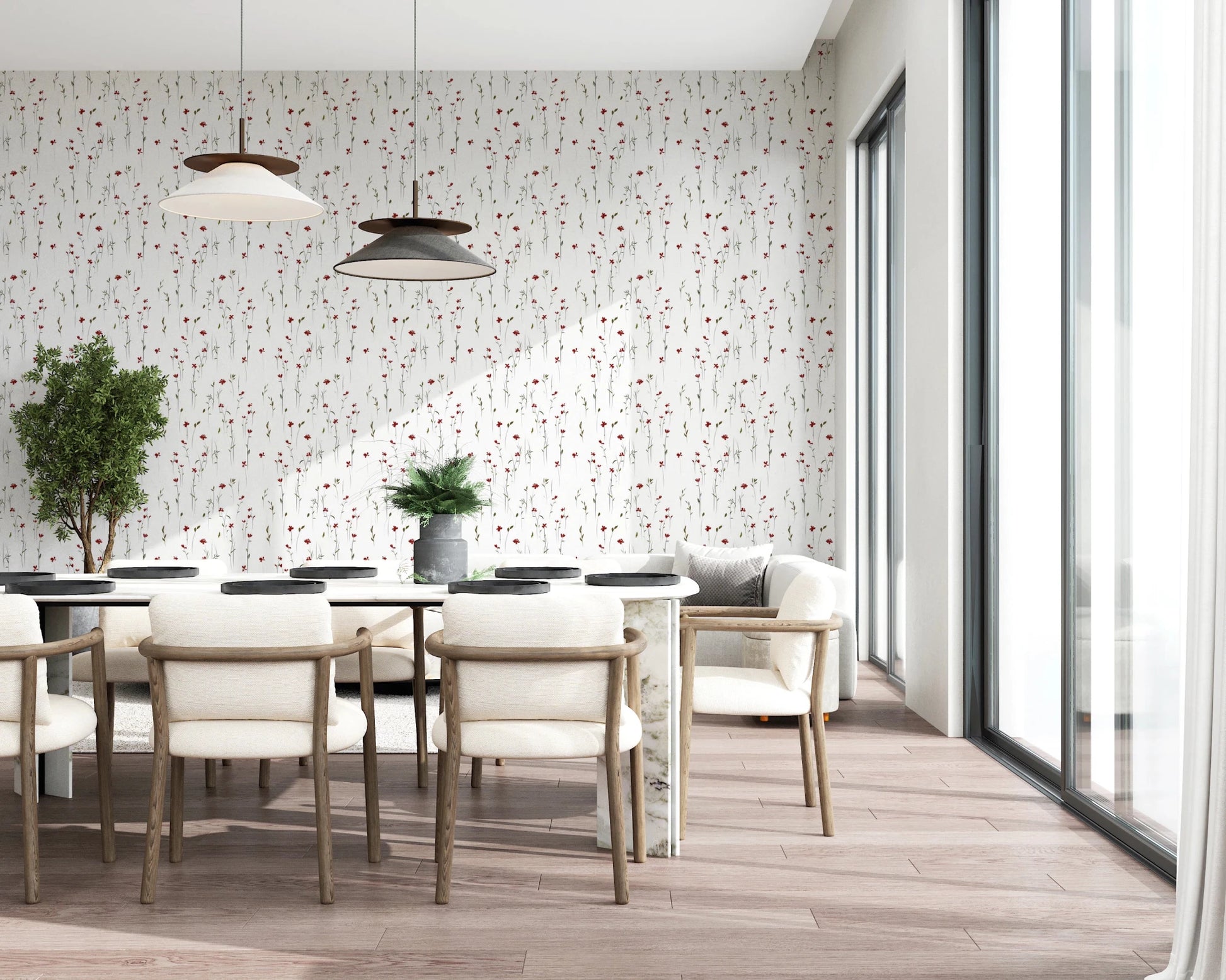 Simple Dainty Scarlet Blooms wallpaper for subtle wall decor.