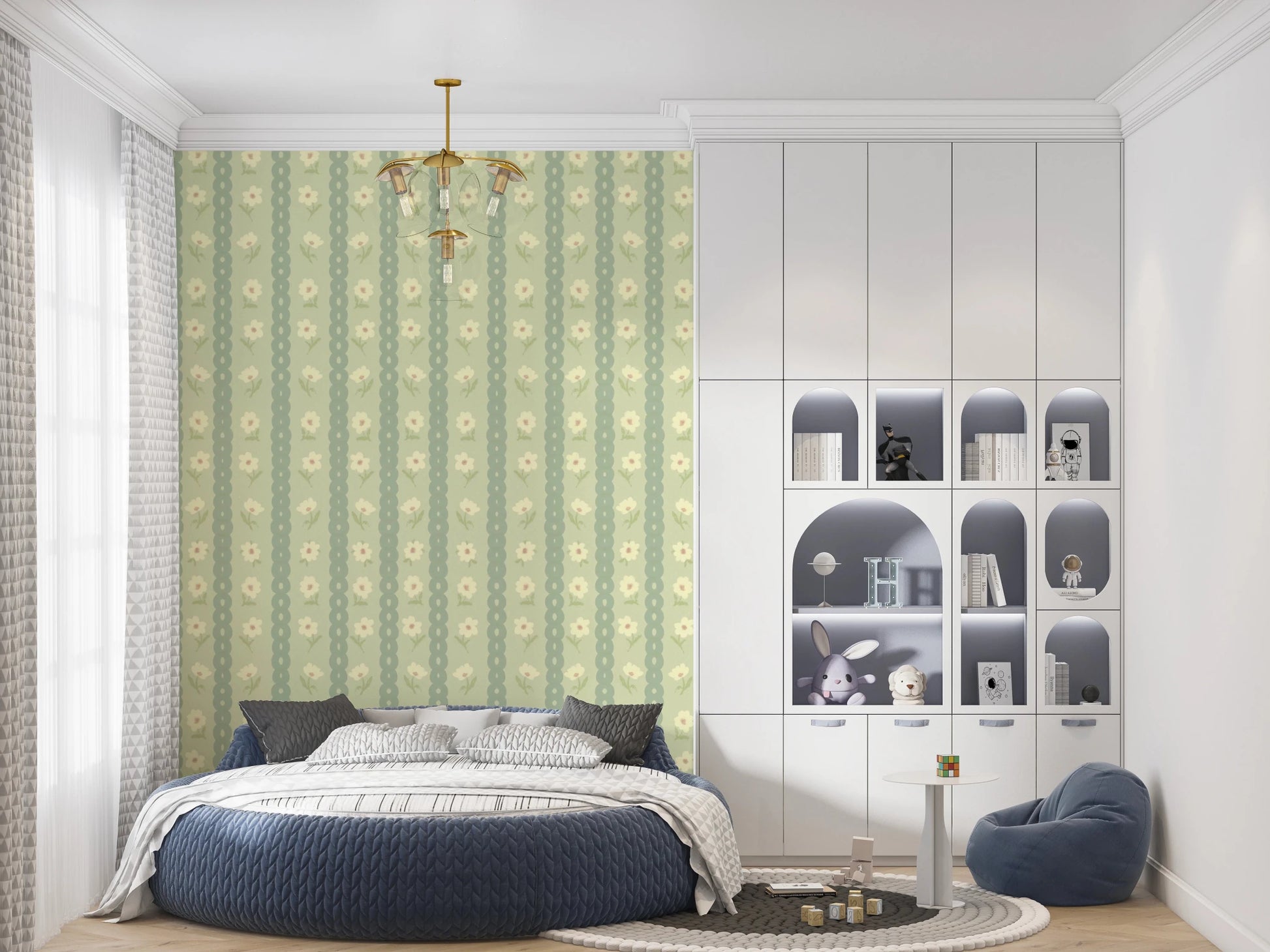 Daisy Chain Delight wallpaper mural in a kids room with a round navy bed and white toy shelves, sage green stripes