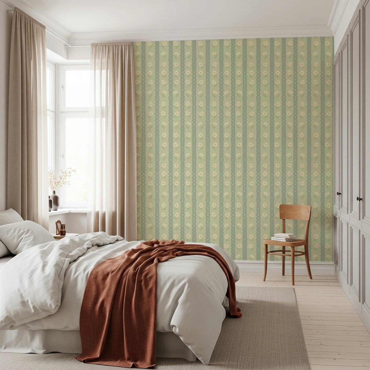 Daisy Chain Delight wallpaper mural in a bedroom with a white bed and rust throw, green daisy stripes