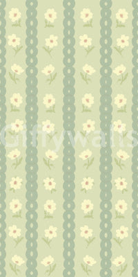 Daisy Chain Delight wallpaper close-up showing cream daisies on sage green scalloped stripes