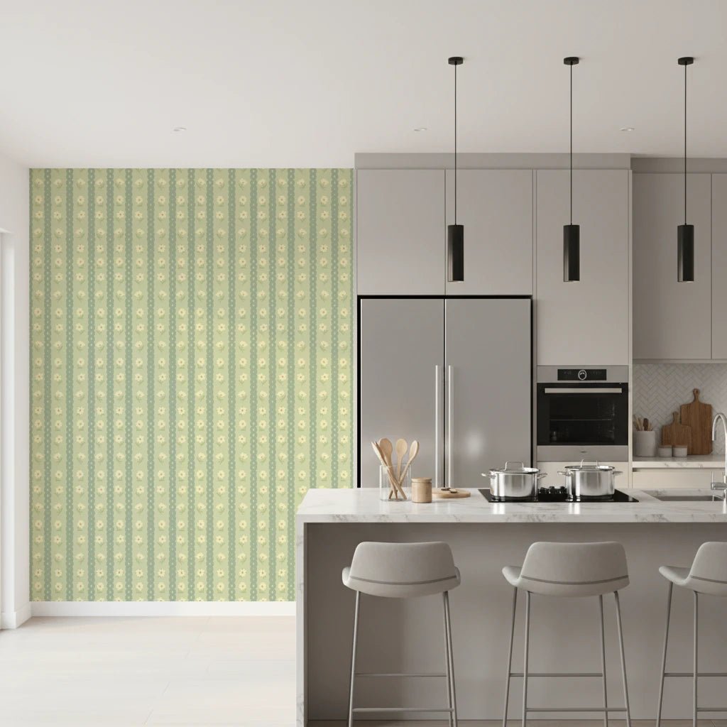 Daisy Chain Delight wallpaper shown as a full-wall mural beside a grey kitchen island with bar stools