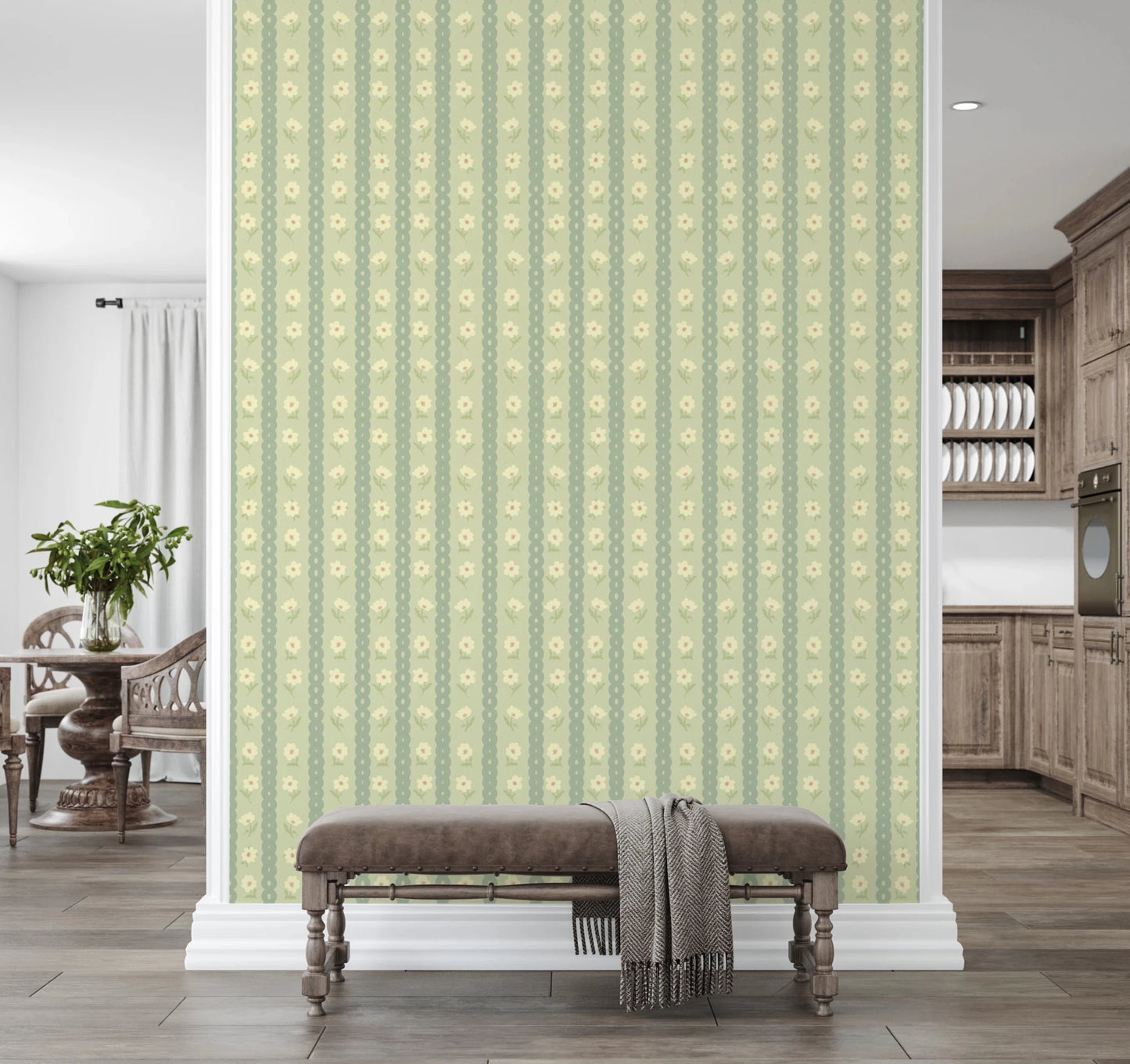 Daisy Chain Delight wallpaper mural on a divider wall above a brown velvet bench, sage green daisy stripes