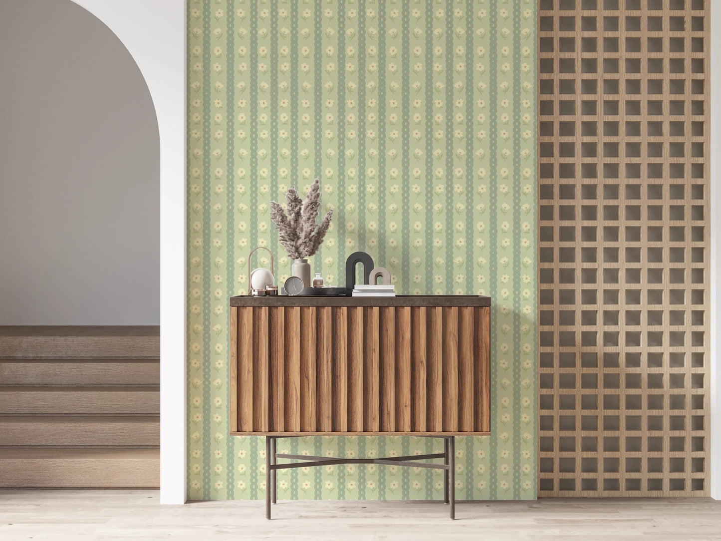 Daisy Chain Delight wallpaper mural in an entryway behind a fluted walnut console with dried pampas grass