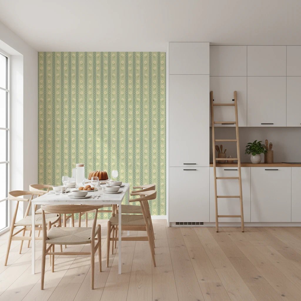 Daisy Chain Delight wallpaper mural in a dining room behind a white marble table and wood chairs, green daisies