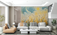 Sophisticated botanical mural showing a field of daisies in a light-filled dining area.