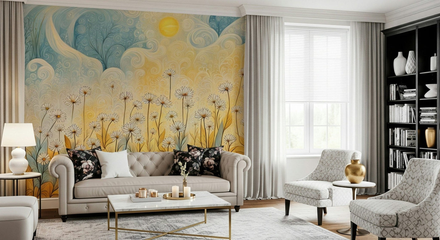 Pale cream and yellow daisy mural applied to a large accent wall in a primary suite.