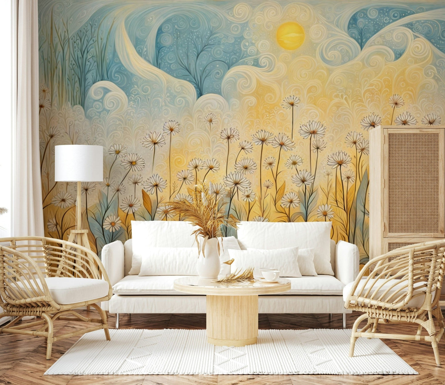 Wildflower wallpaper with soft yellow centers in a bright apartment bedroom.