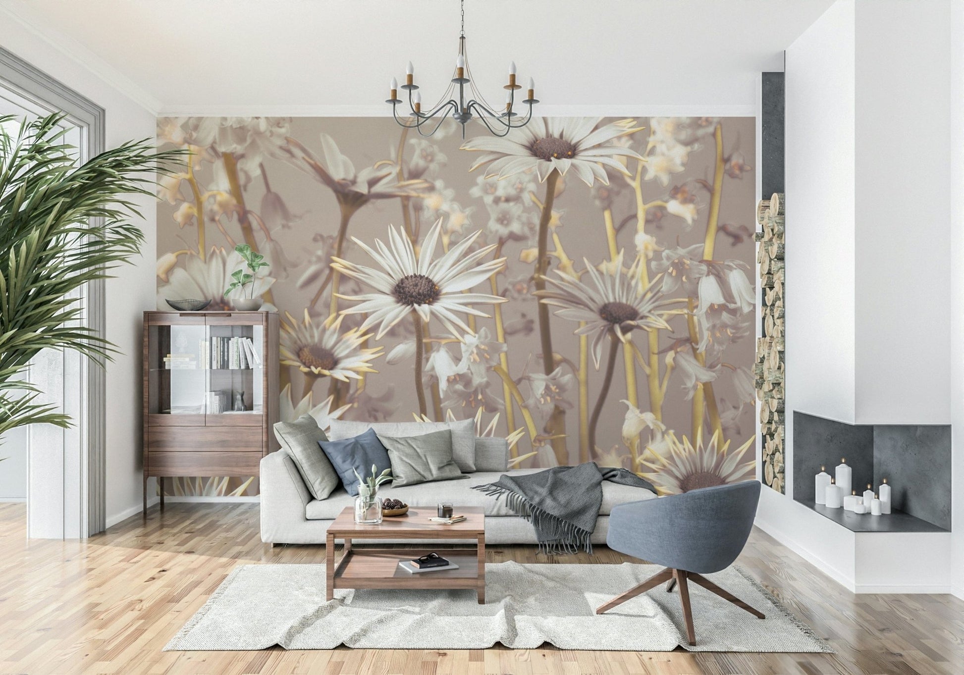 Artistic floral wallpaper displaying oversized daisies in a calming, dreamy composition.