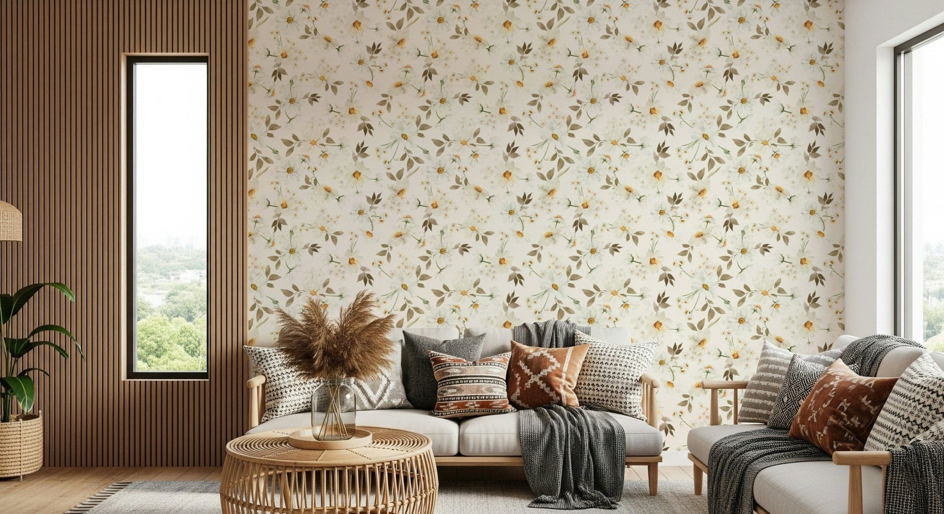 Wall mural Daisy Dream watercolour leaves and blossoms.