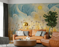 Large scale Daisy Daydreams Wall Mural behind a mid-century modern sofa in a lounge.