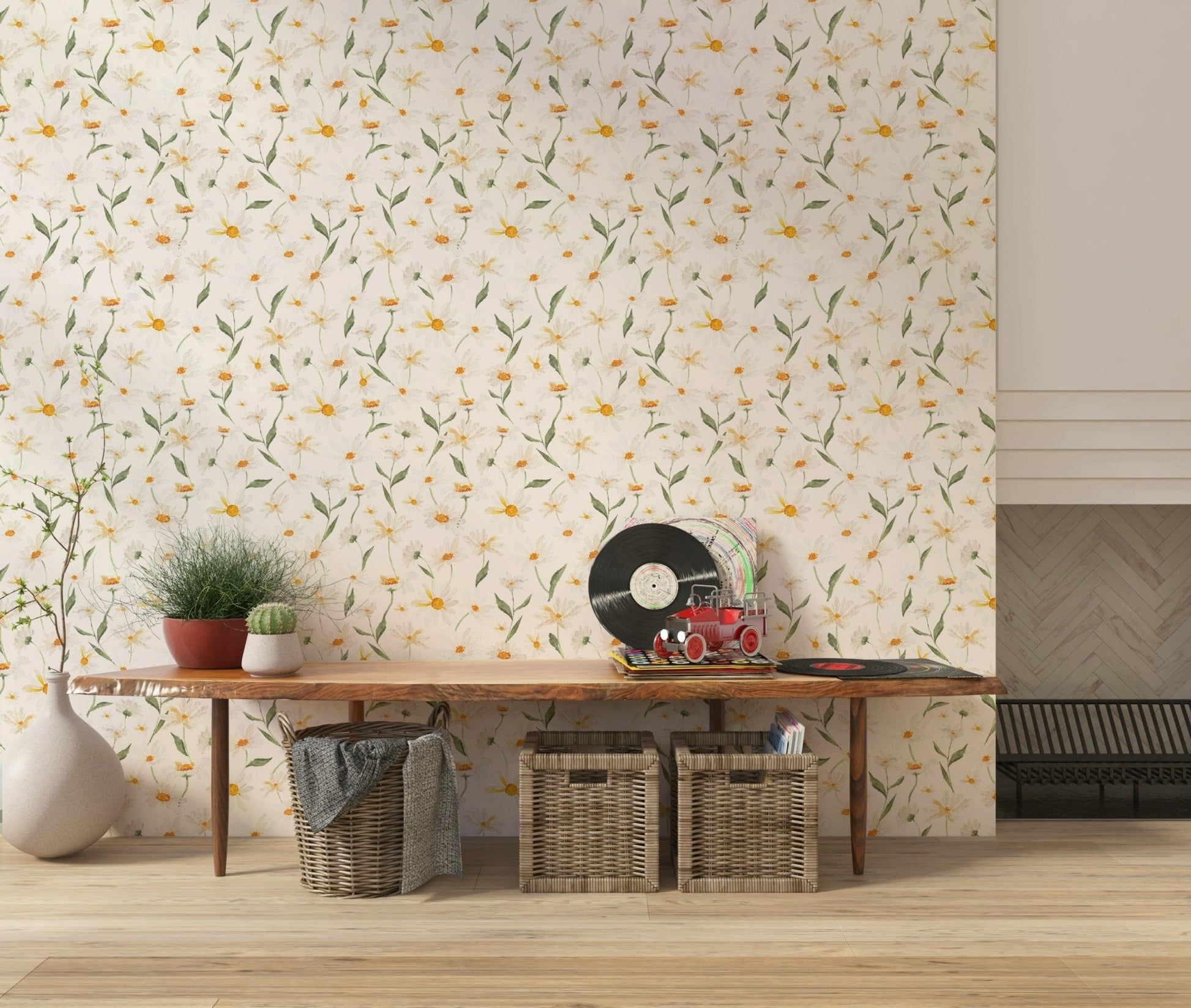 Hand-painted floral pattern wall mural sunny yellow centers Daisy Dreams.