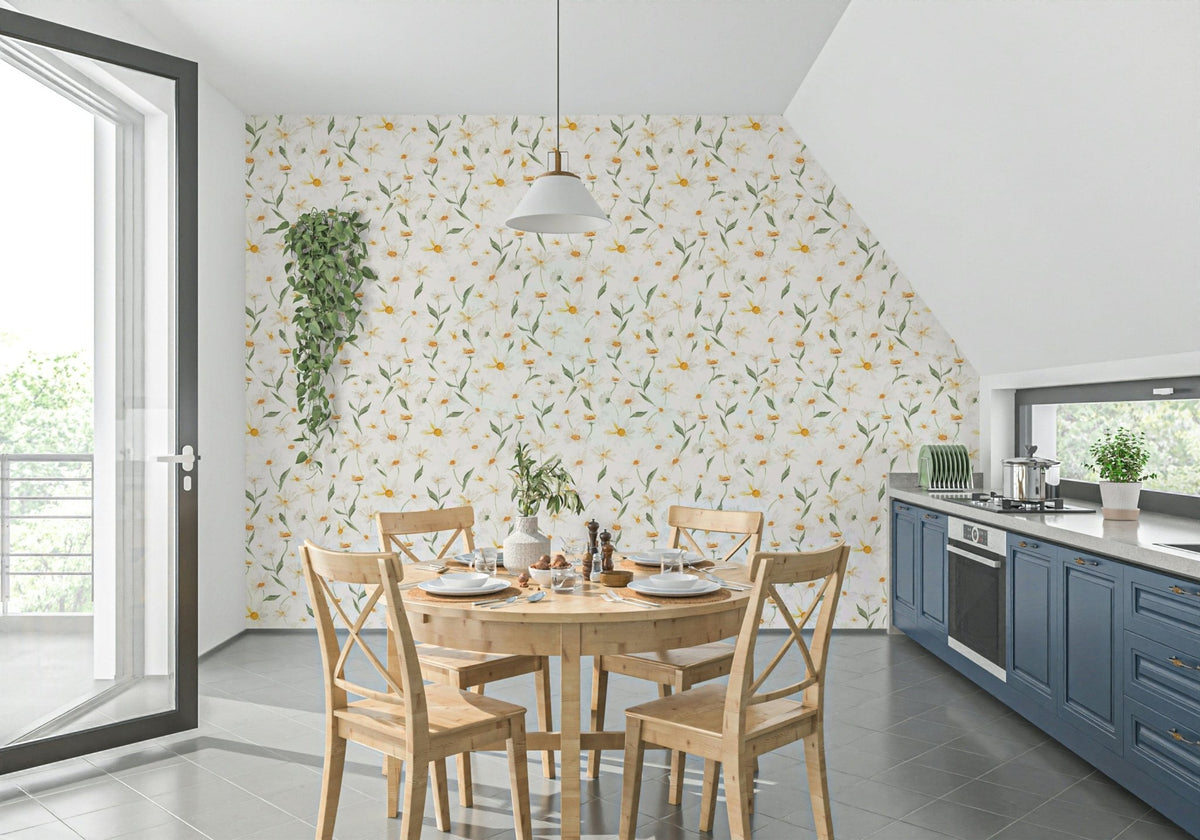 Watercolor daisy pattern peel and stick wallpaper Daisy Dreams.