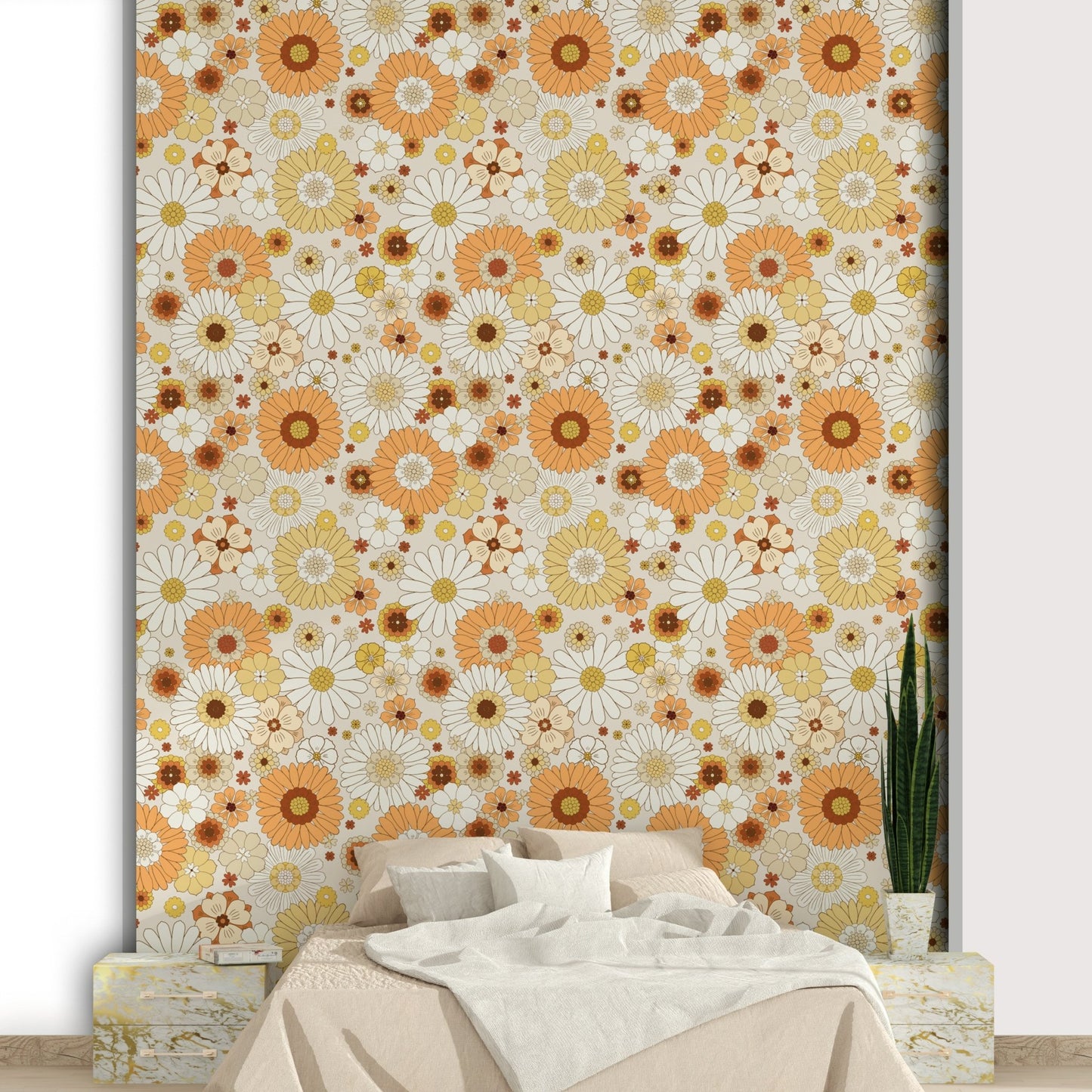 Features bold, stylized daisies and other flowers.
