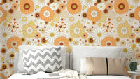 A cheerful, retro-themed floral wallpaper pattern.
