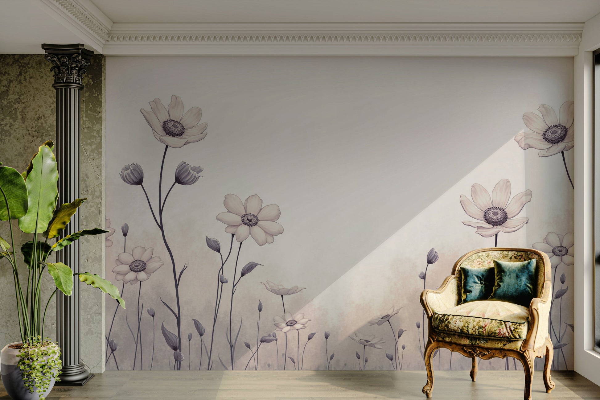 An angled shot of the mural's gentle color palette.