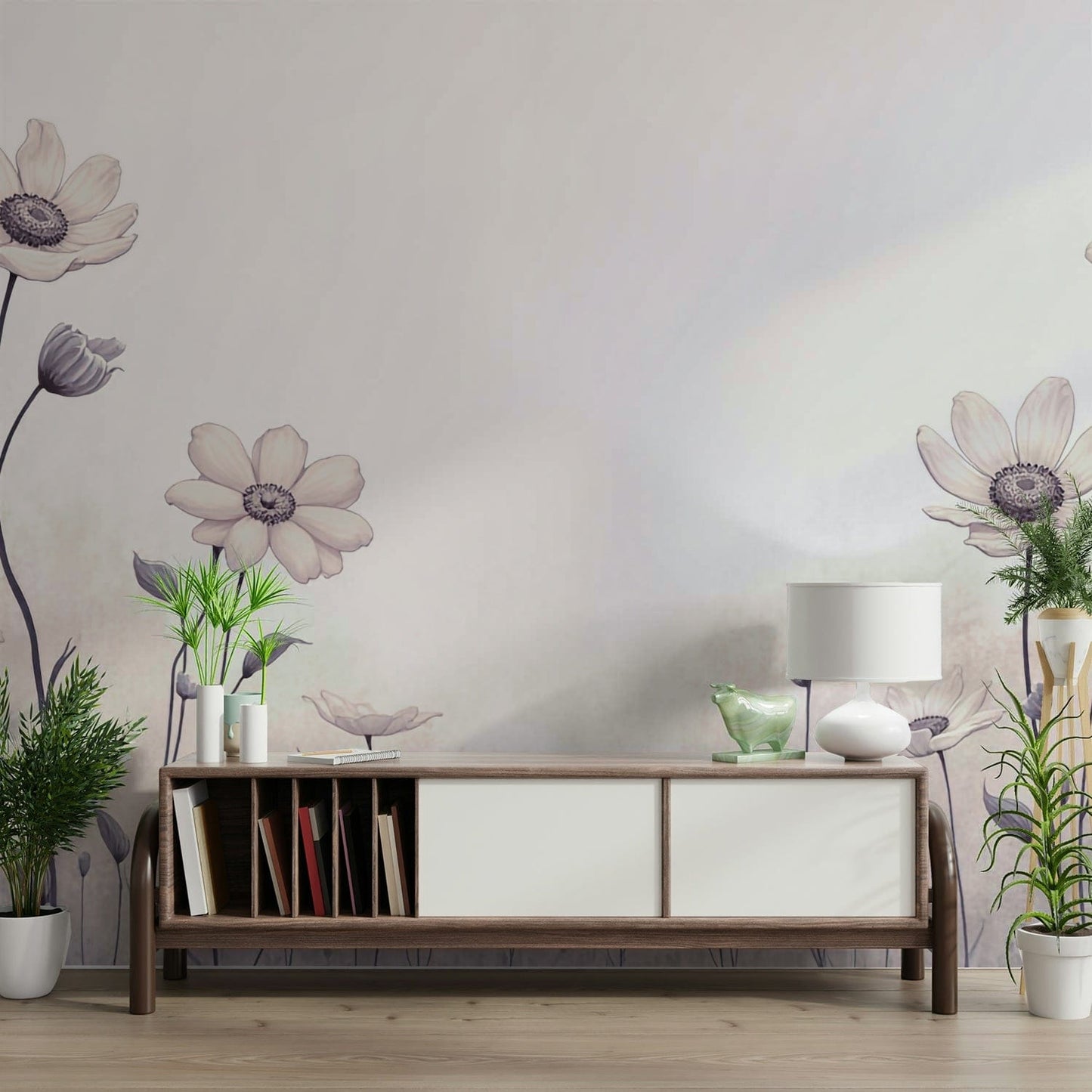 A detail shot of the elegant lines in the wallpaper.