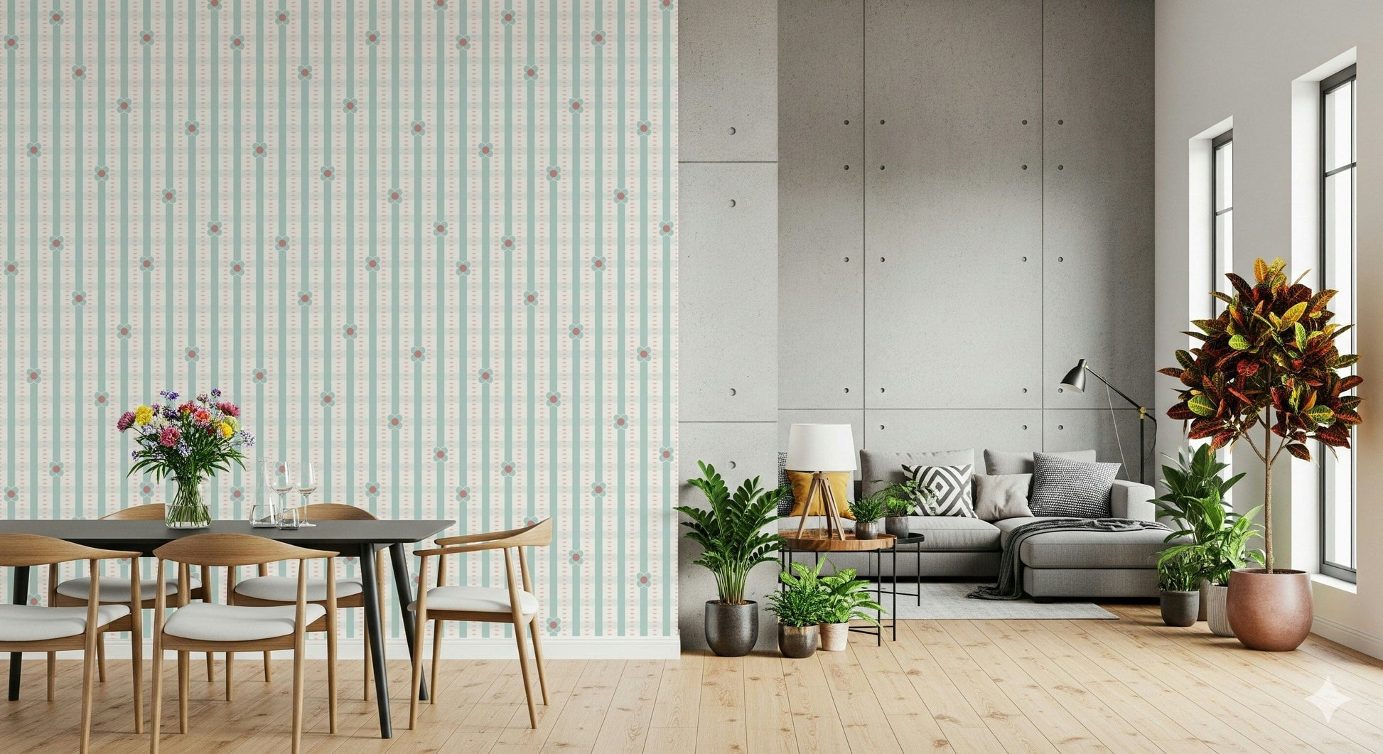 Daisy Blossom Striped Wallpaper – Decorative wallpaper featuring small daisy flowers over a striped background.