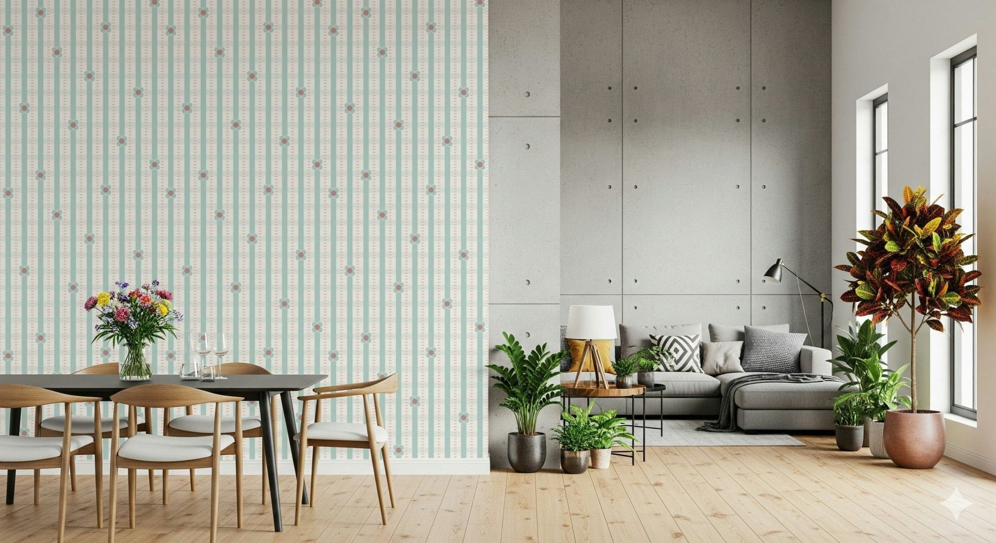 Daisy Blossom Striped Wallpaper – Decorative wallpaper featuring small daisy flowers over a striped background.