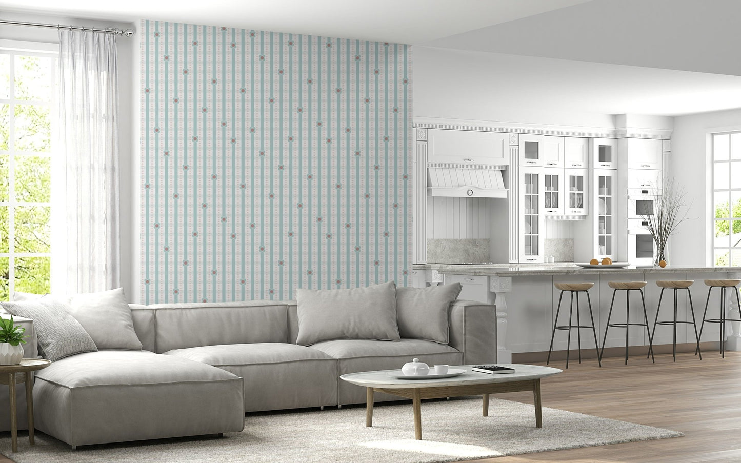 Floral Stripe Daisy Wallpaper – Decorative wall design combining fresh daisies with muted stripe patterns.