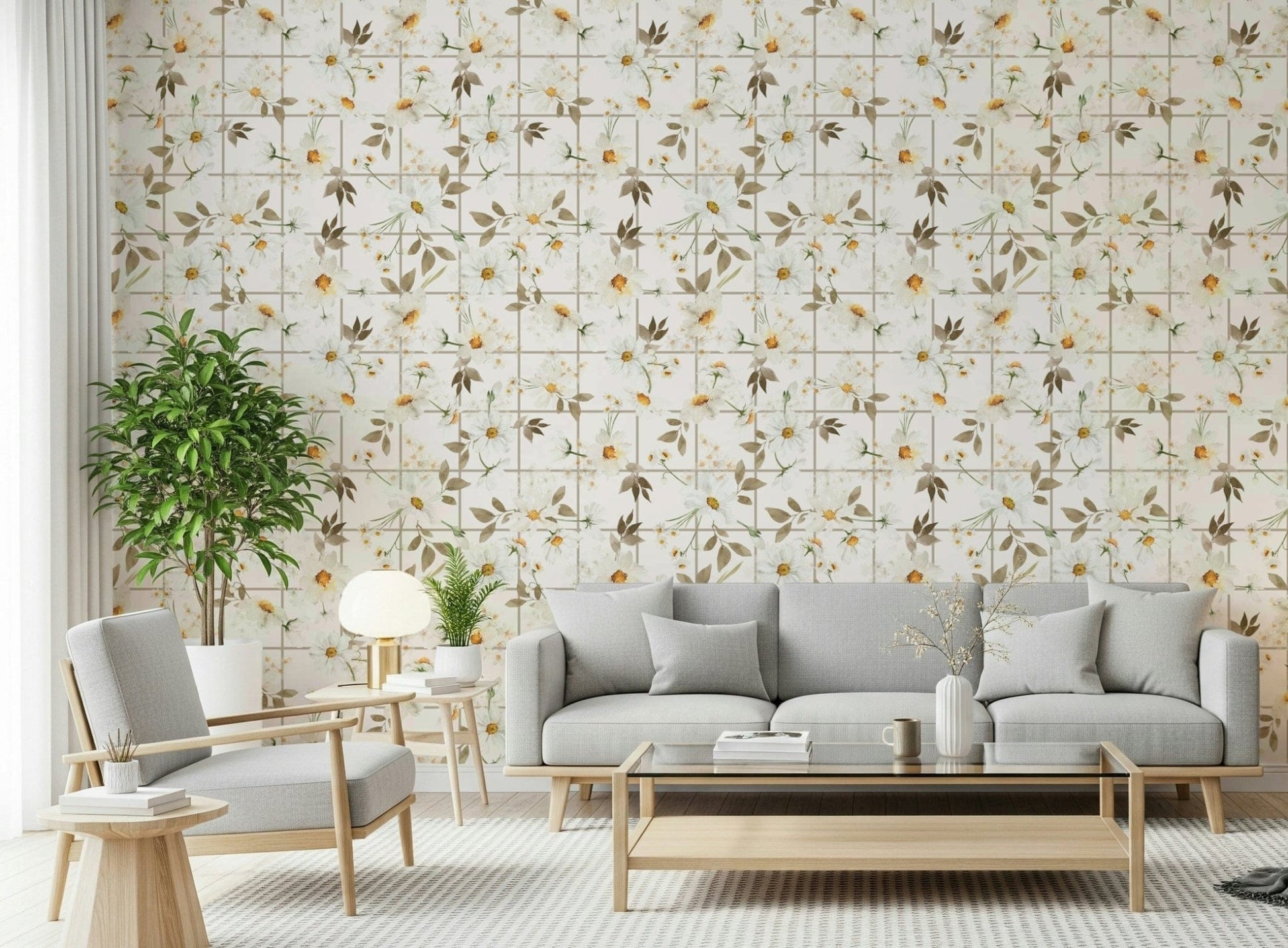 Watercolour Daisy Window Panes wallpaper for bedroom