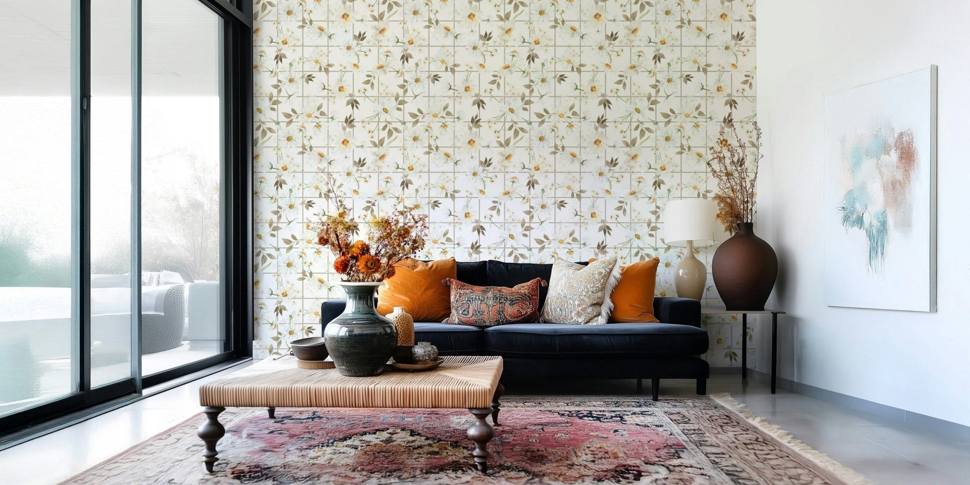 Neutral tones Daisy Window Panes peel and stick wallpaper