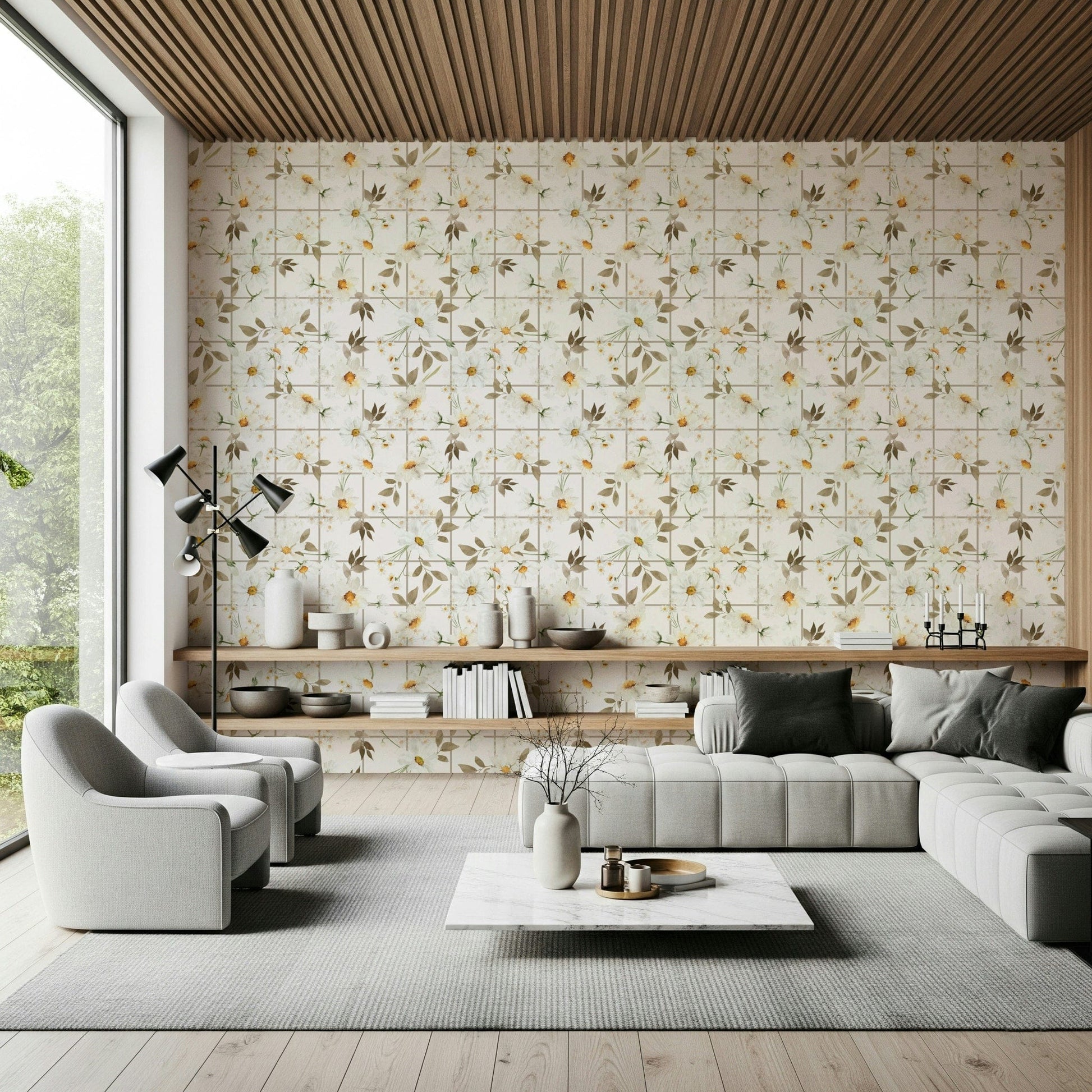 Gridded botanical Daisy Window Panes print decor