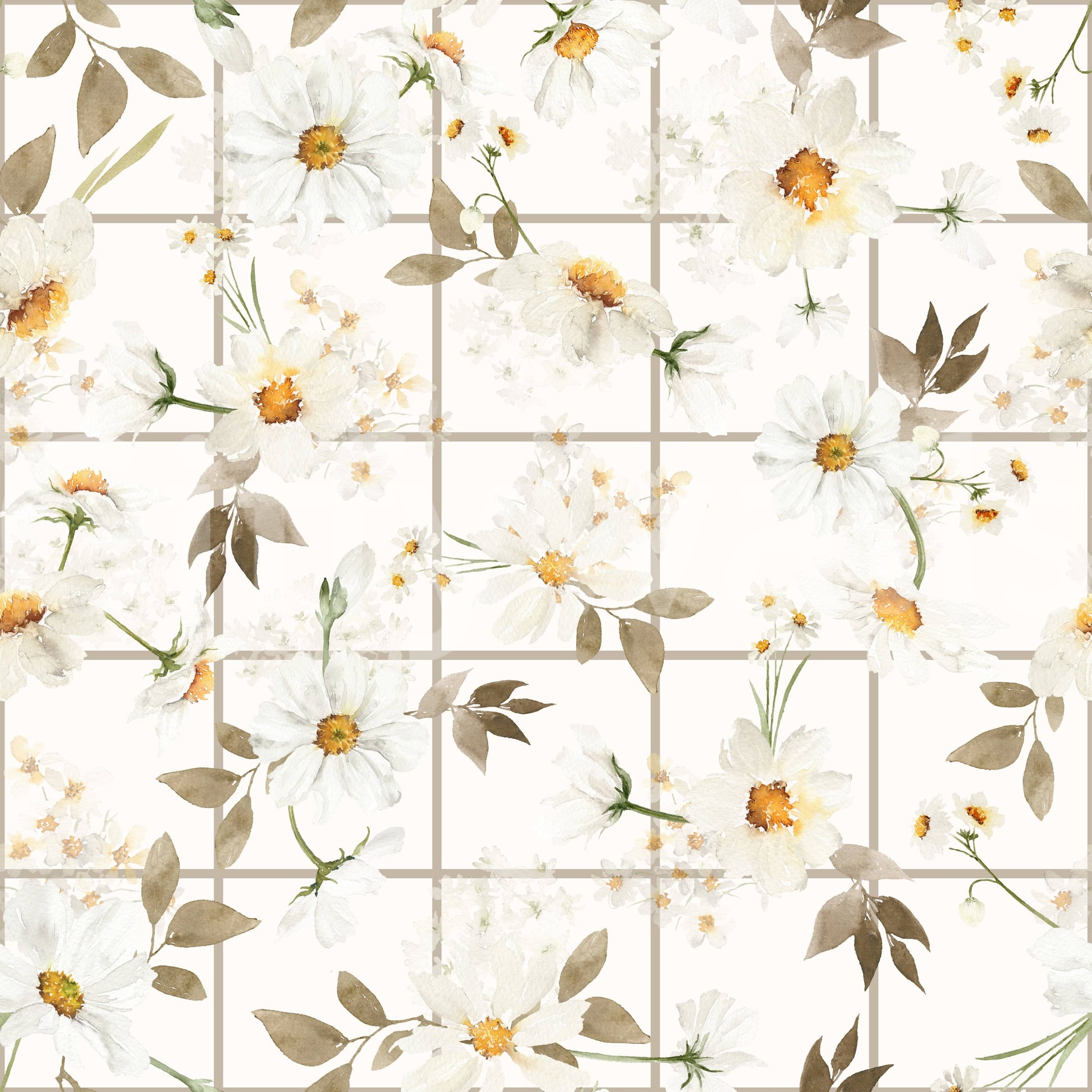 Gentle white Daisy Window Panes botanical wallpaper