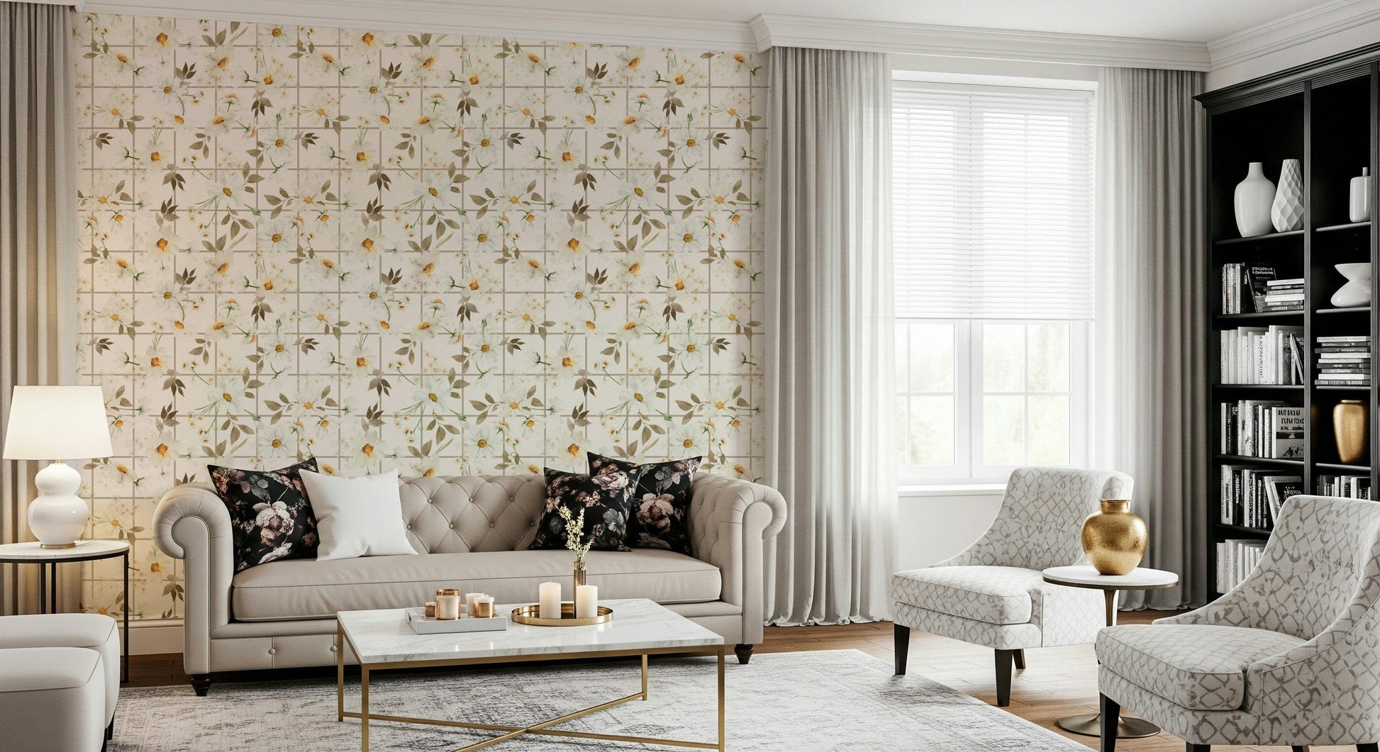 White flowers Window Panes pattern wallcovering