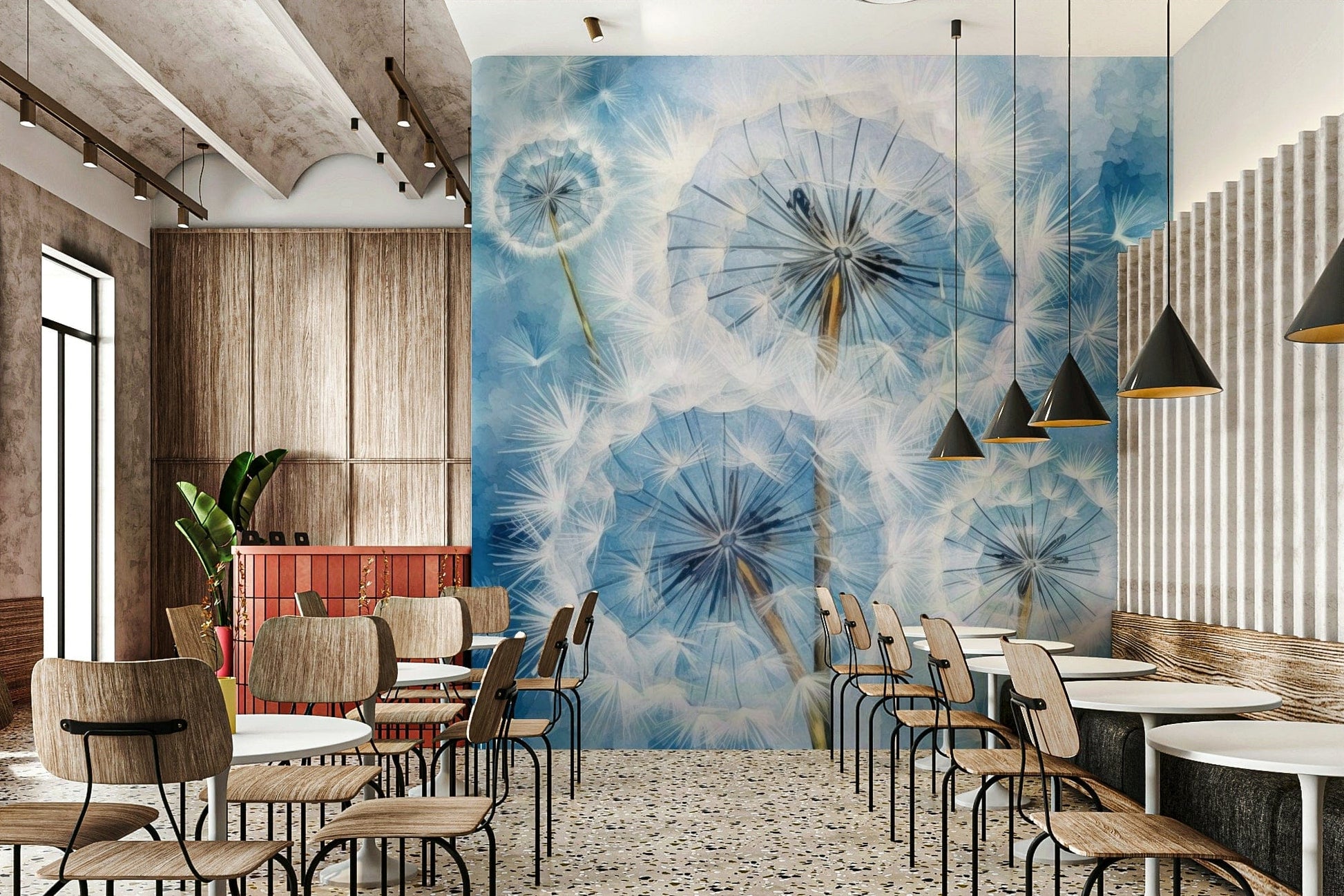 Whimsical Dandelion Wall Mural – Close-up of dandelions releasing seeds, symbolizing freedom and serenity.