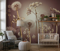Wildflower Whispers Wall Mural in bedroom, botanical style with soft color palette