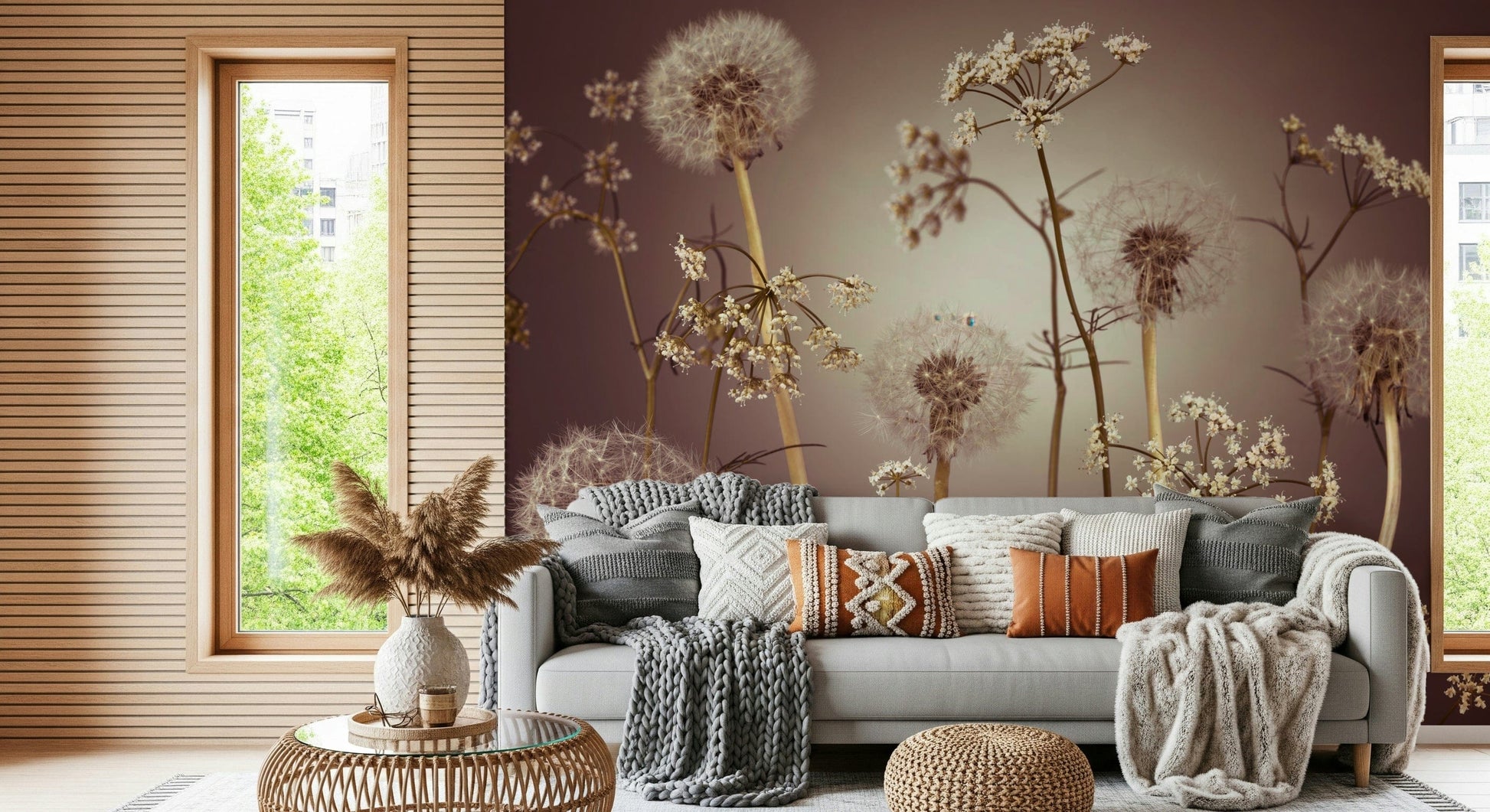 Bedroom feature wall with wildflower mural, gentle pastel blooms and light green stems