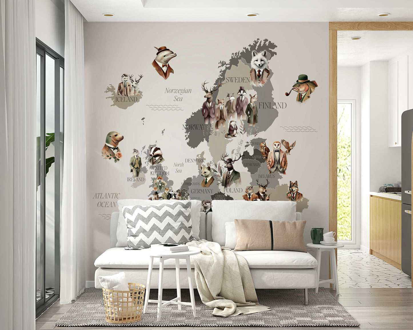 Map mural with animals in vintage suits

