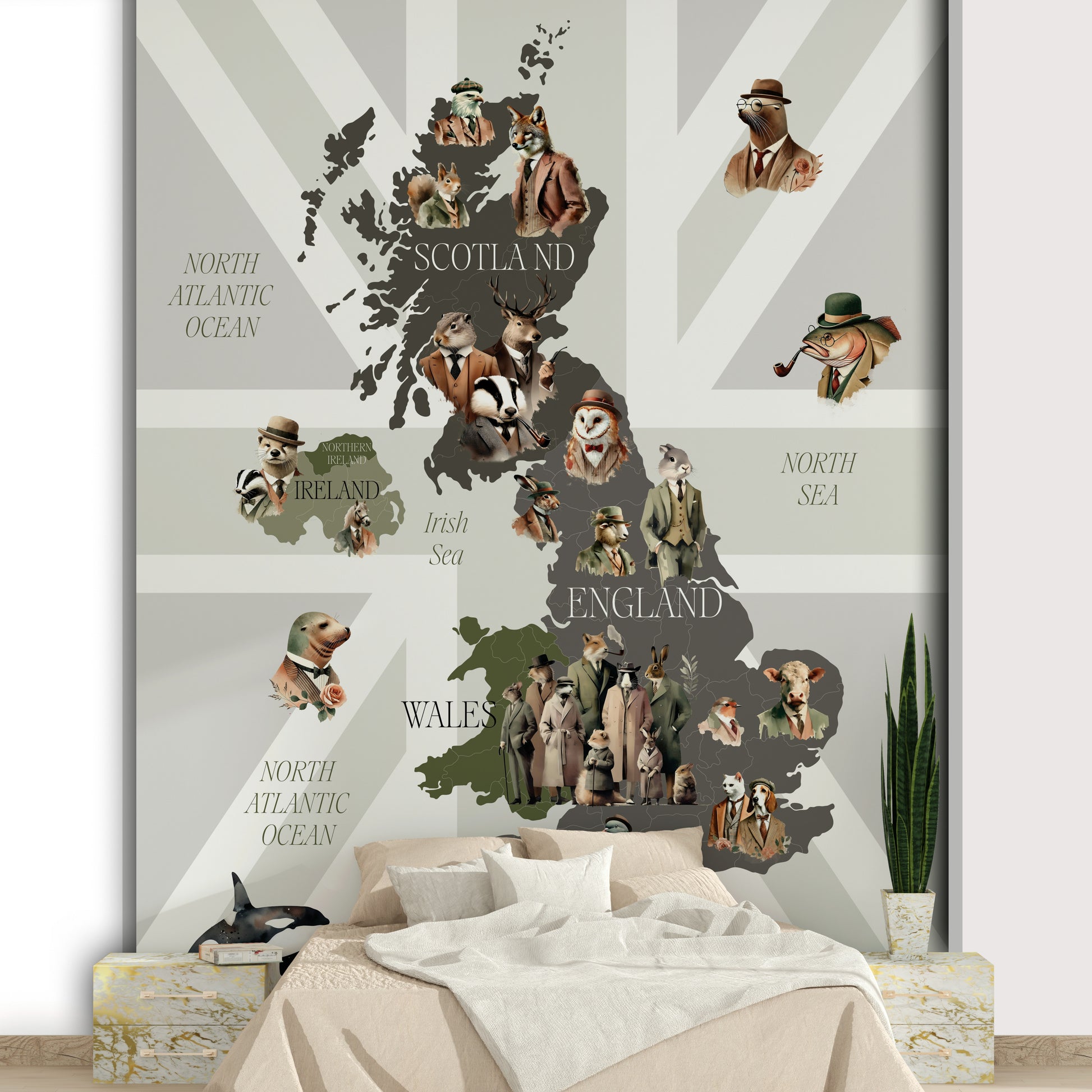 Dapper Creatures of Britain wallpaper mural, full UK animal map on a Union Jack, behind a beige bed