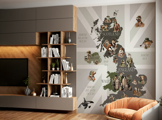 Dapper Creatures of Britain wallpaper mural, suited animal UK map, beside an orange armchair and wood TV unit
