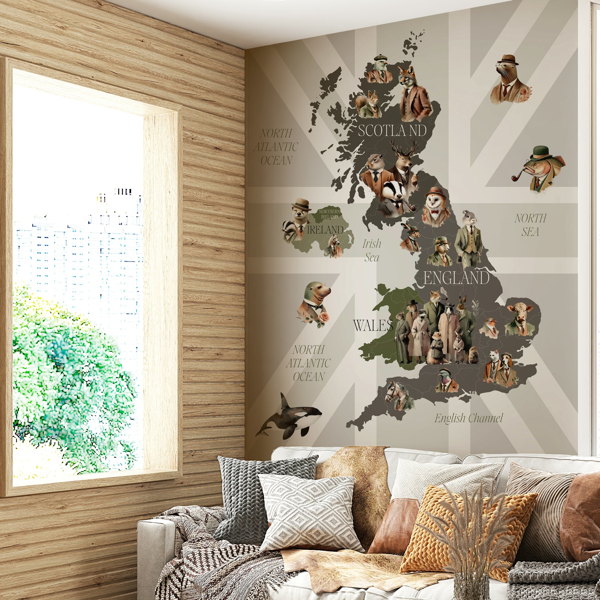 Dapper Creatures of Britain wallpaper mural over a gray sofa piled with patterned pillows by a wood wall
