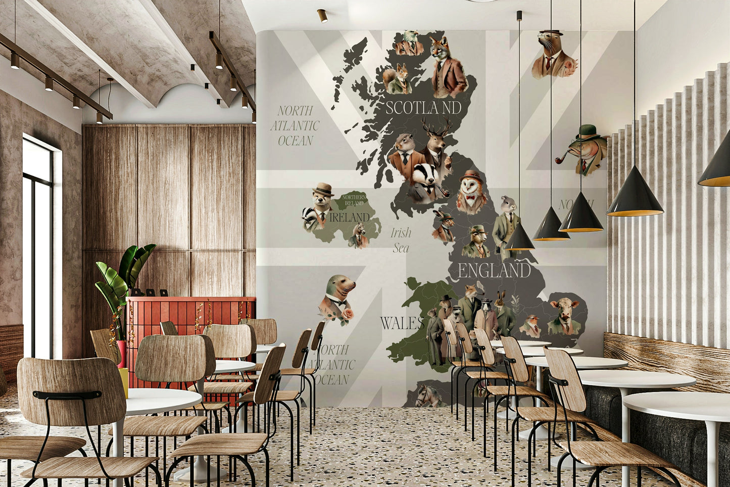 Dapper Creatures of Britain wallpaper mural lining a cafe wall above wood chairs, tables and black pendants