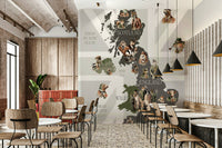 Dapper Creatures of Britain wallpaper mural lining a cafe wall above wood chairs, tables and black pendants